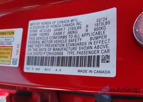 2024 Honda Civic Ex from USA, damaged, VIN 2HGFE1F72RH328908